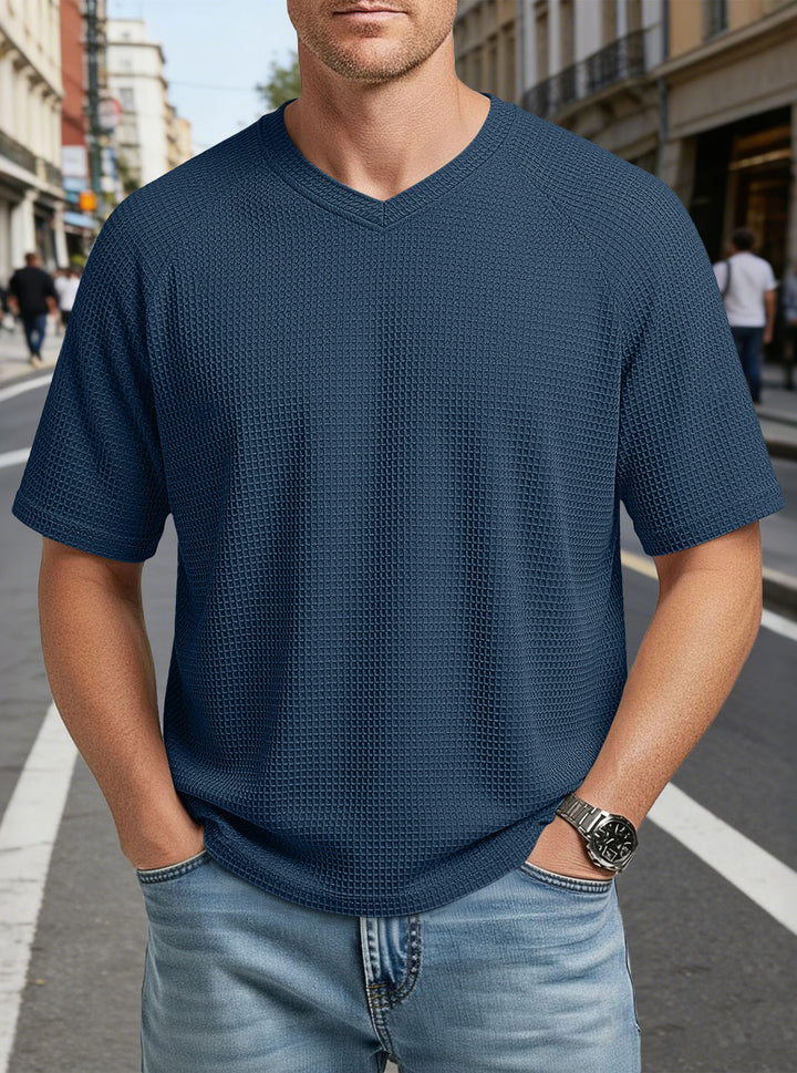 Herren nan lässiges V-Ausschnitt Waffelstrick-T-Shirt aus atmungsaktivem Baumwollmix Echo Archiv
