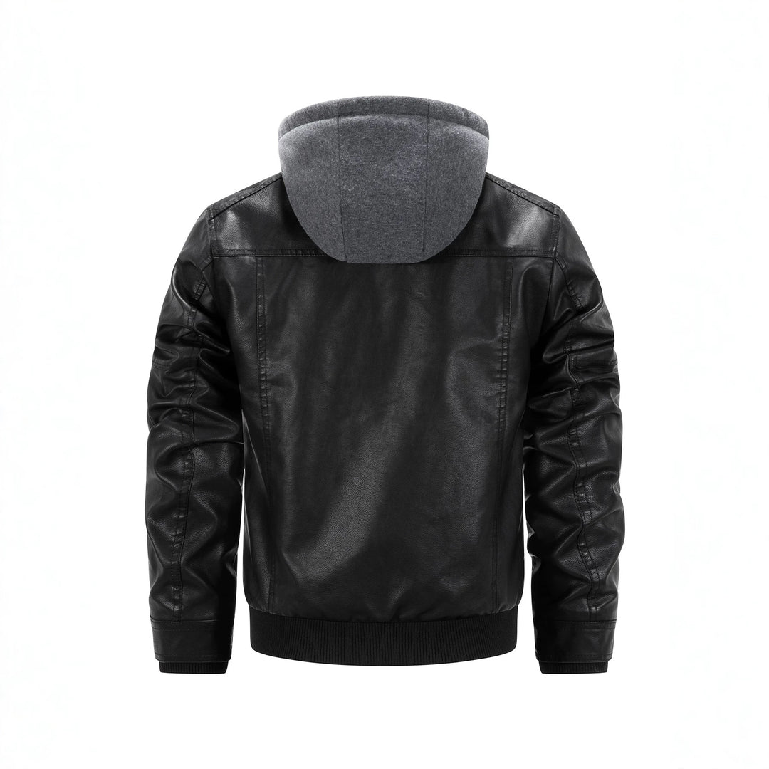 Herren Kunstleder-Bikerjacke mit abnehmbarer Kapuzenblende und gesteppter Seitenpartie Echoarchiv