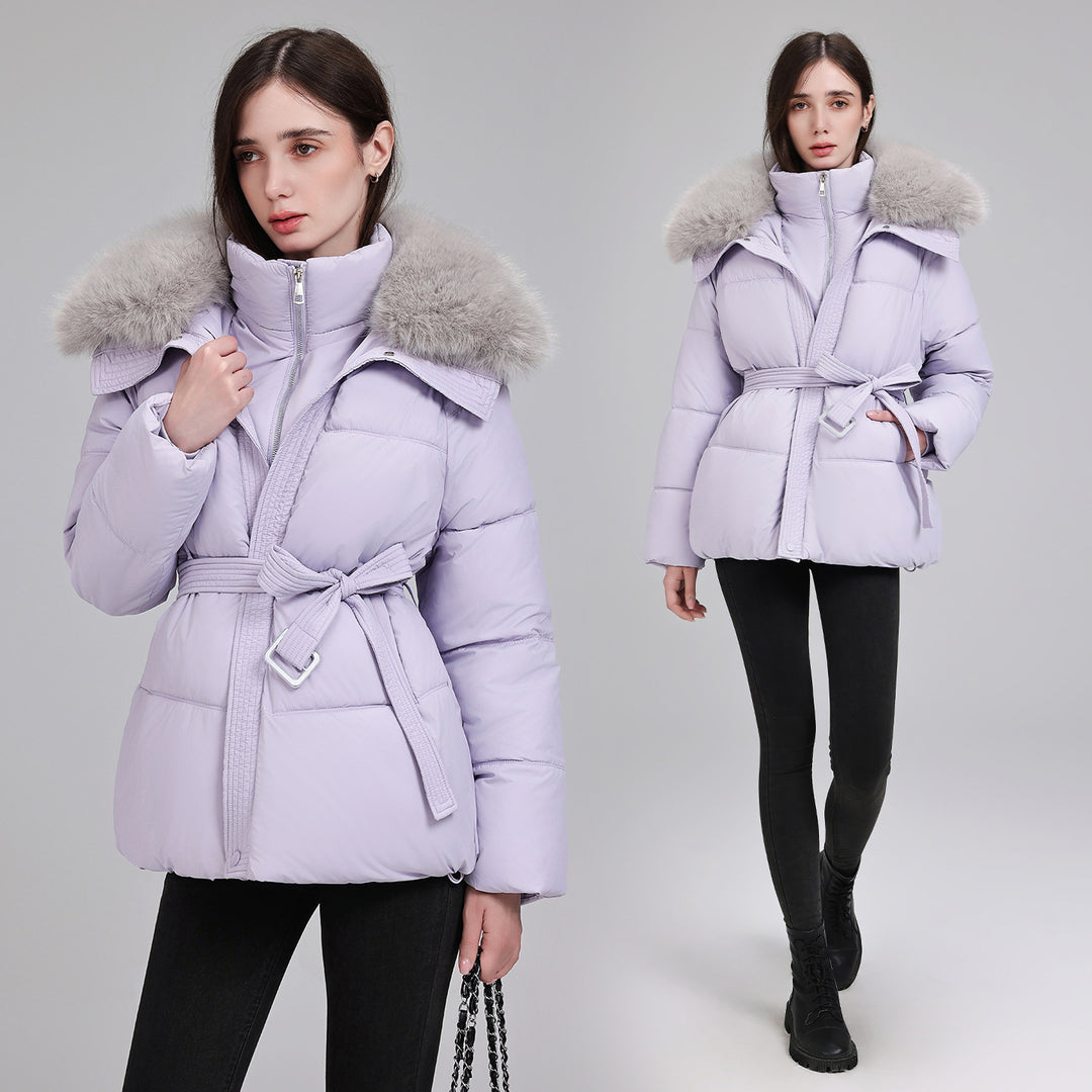Damen Taillierter Pufferparka mit Wickelgürtel, hohem Stehkragen und voluminösem Fellkragen Echo Archiv
