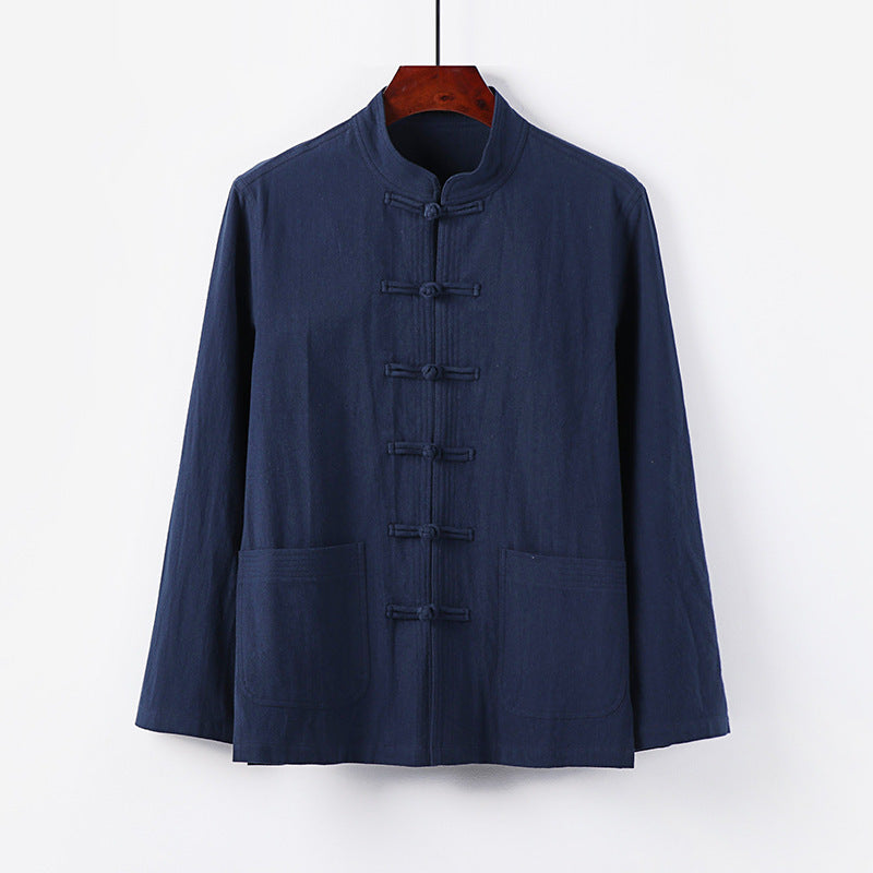 Herren traditionelle Tang-Jacke mit Stehkragen und Knotenknöpfen aus Leinenmischung Echoarchiv