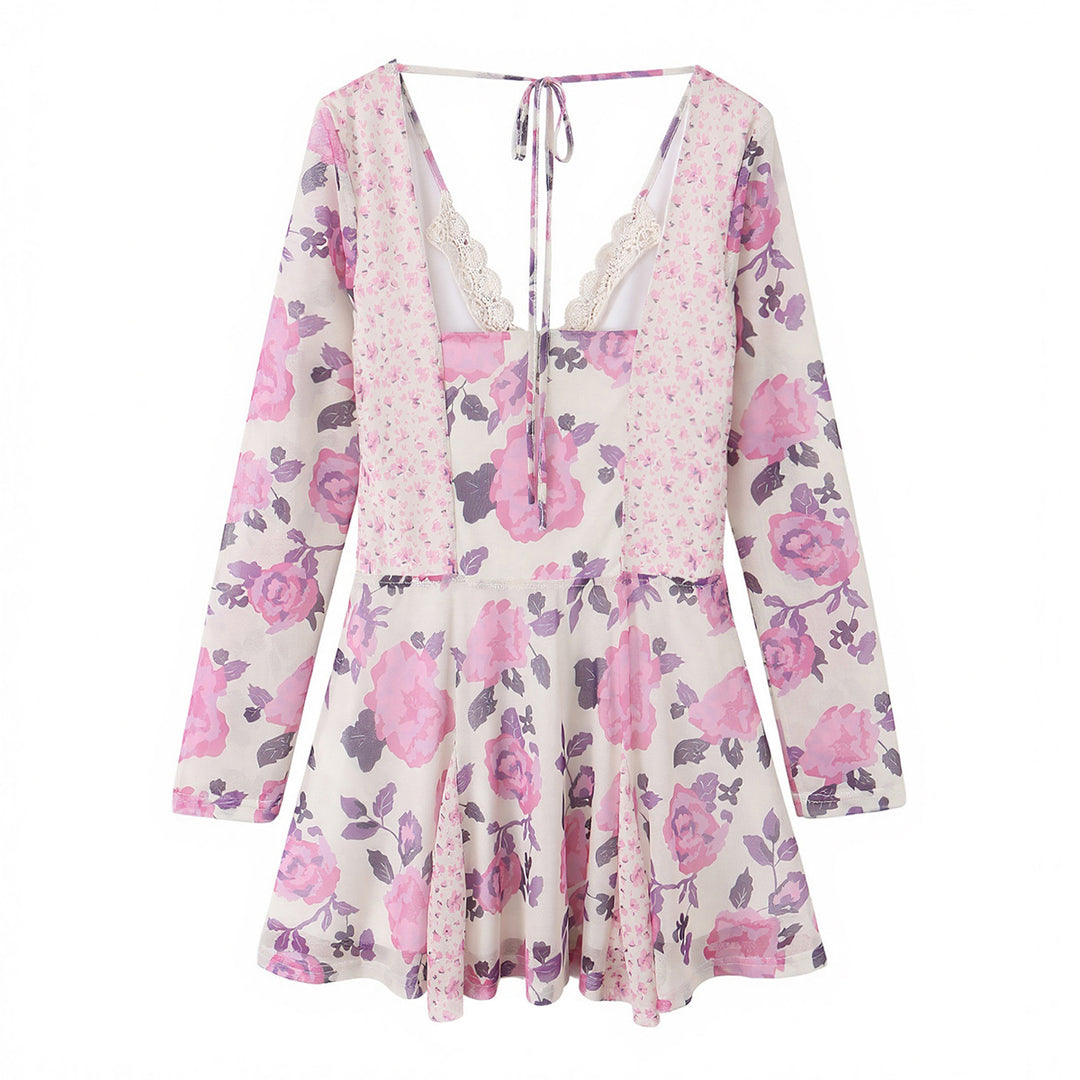 Damen florales Skaterkleid mit tiefem V-Ausschnitt, Bindeband‑Detail und Spitzenbesatz – Lunéa