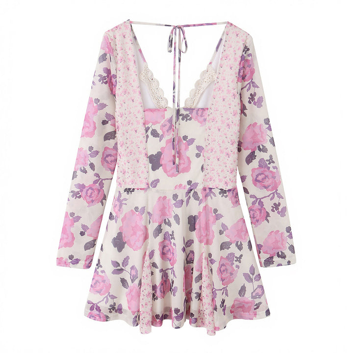 Damen florales Skaterkleid mit tiefem V-Ausschnitt, Bindeband‑Detail und Spitzenbesatz – Lunéa
