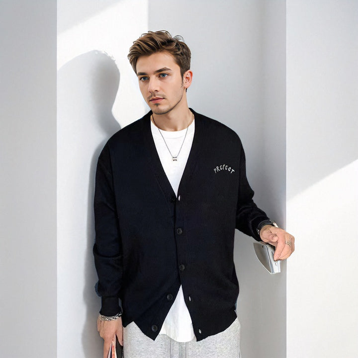 Herren Oversized Grafik‑Intarsienpullover mit tiefem Rückmotiv und Rundhalsausschnitt Echoarchiv