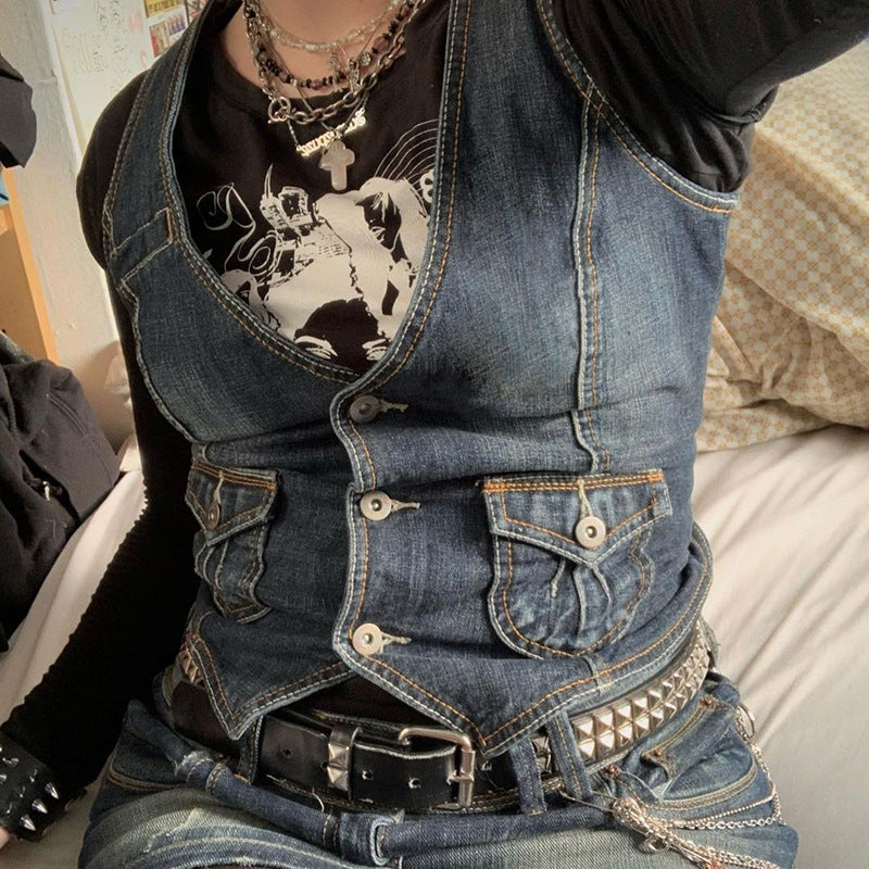 Damen Denim-Bustierjacke mit nostalgischem Spitzeneinsatz und dekorativen Knopfdetails Echo Archiv