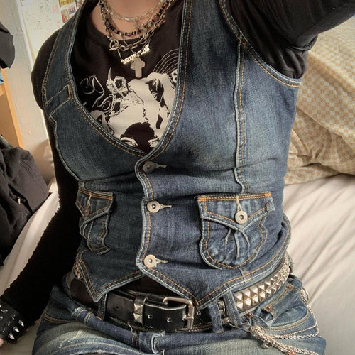Damen Denim-Bustierjacke mit nostalgischem Spitzeneinsatz und dekorativen Knopfdetails Echo Archiv