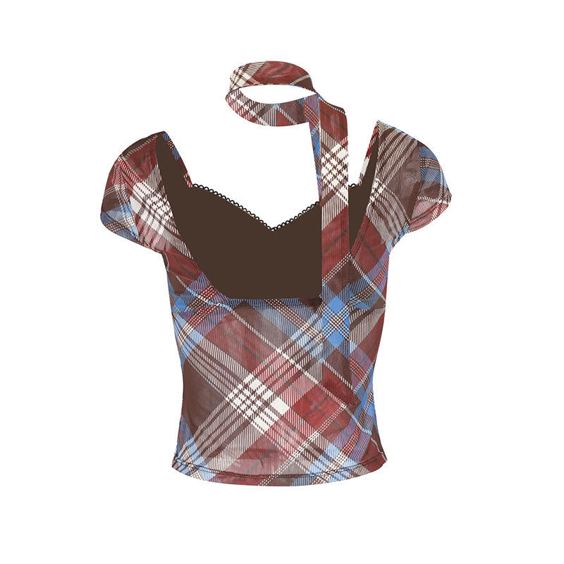 Damen Elegantes Karomuster-Bluse mit verstellbarem Bindegürtel und Spitzenakzenten Echo Archiv