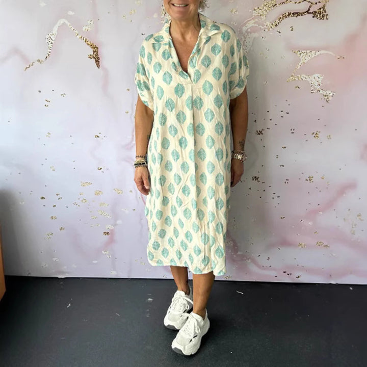Damen nan kaftanähnliches Hemdblusenkleid mit V-Ausschnitt, überschnittenen Schultern und strukturierter Musselin-Qualität Echo Archiv