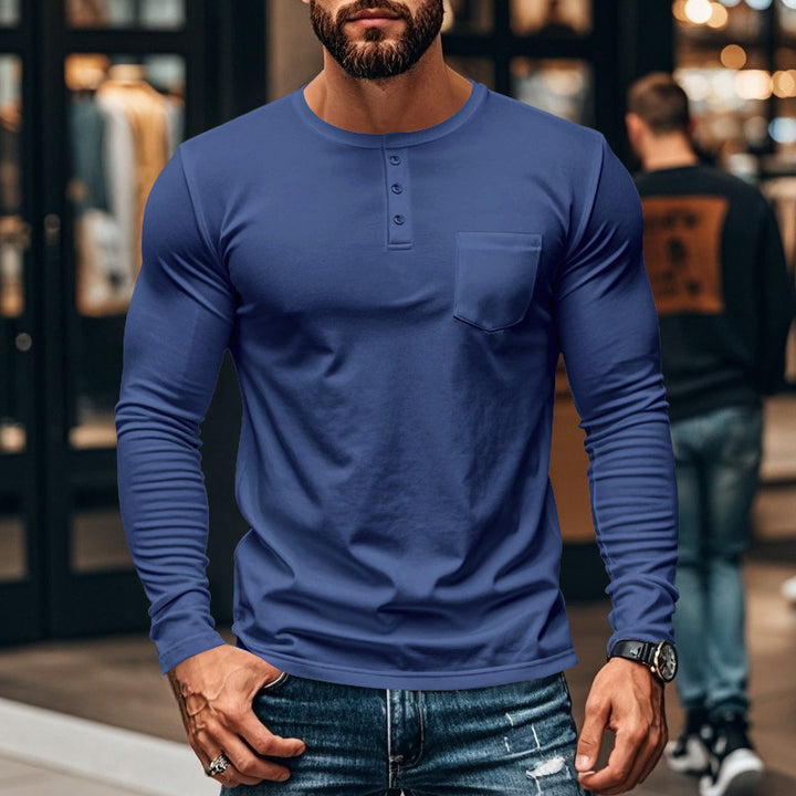 Herren langärmliges Henley-Shirt mit strukturierter Baumwolloberfläche und Brusttasche Echoarchiv
