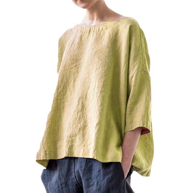 Damen Oversized Leinenbluse mit weitem Boxy‑Schnitt, U‑Boot‑Ausschnitt und 3/4‑Ärmeln Echo Archiv