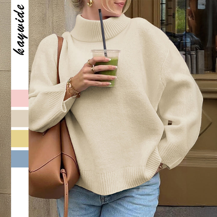 Damen oversize Rollkragenpullover mit breitem Rippkragen, voluminösen Ballonärmeln und verlängertem Bündchen – Mavelle