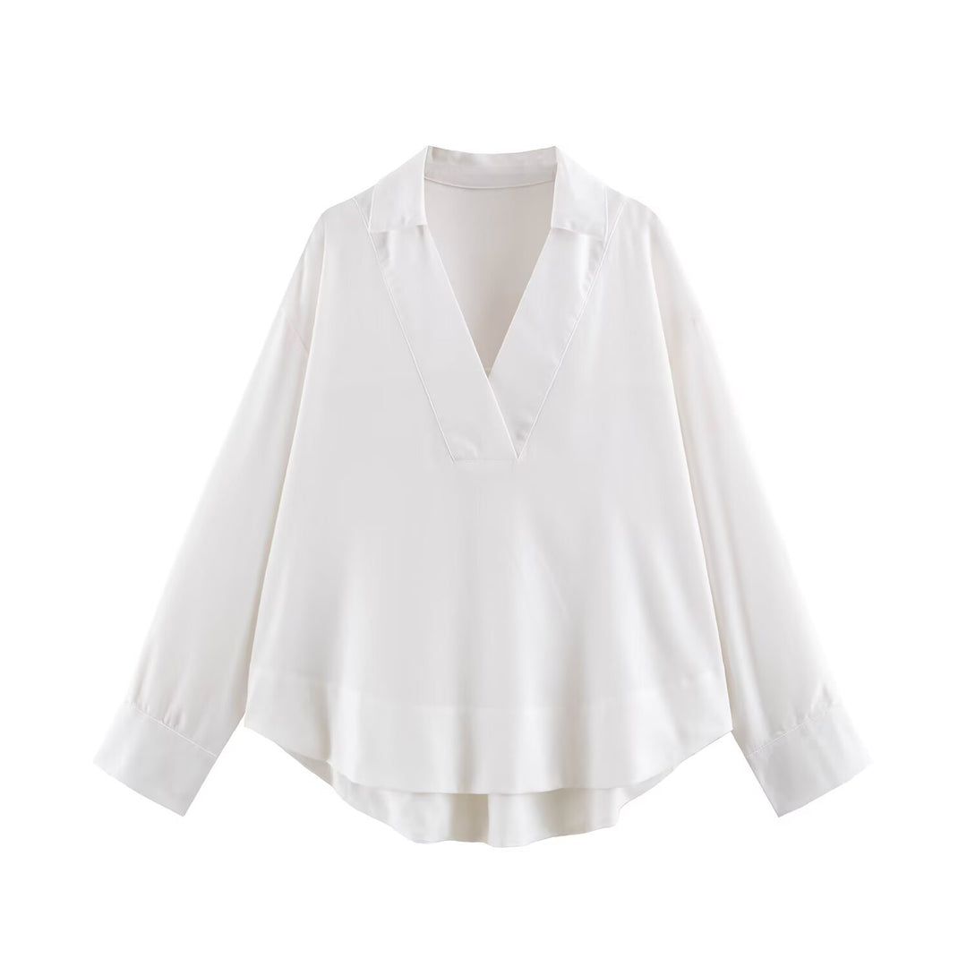 Damen Oversize Leinen-Mix Bluse mit tiefem V-Ausschnitt und Hemdkragen Echo Archiv
