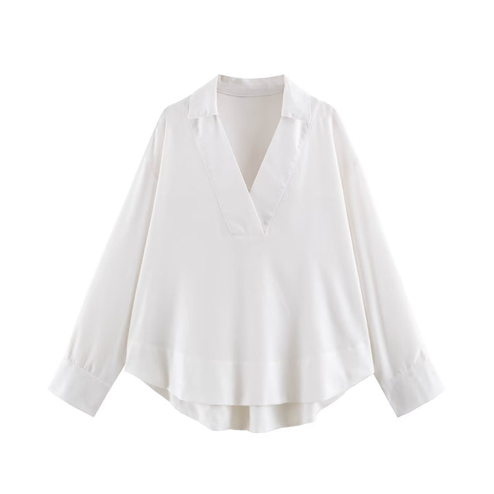 Damen Oversize Leinen-Mix Bluse mit tiefem V-Ausschnitt und Hemdkragen Echo Archiv