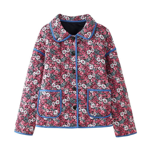 Damen gesteppte Kurzjacke mit floralem Microprint, Rundkragen, kontrastpaspel und aufgesetzten Taschen – Célinea