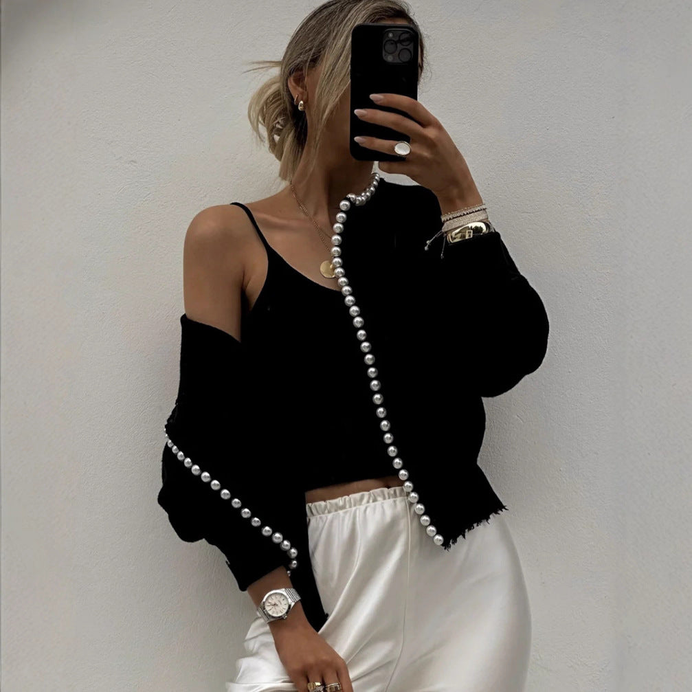 Damen Perlenverzierter Feinstrick-Cardigan mit Ballonärmeln – Veloura