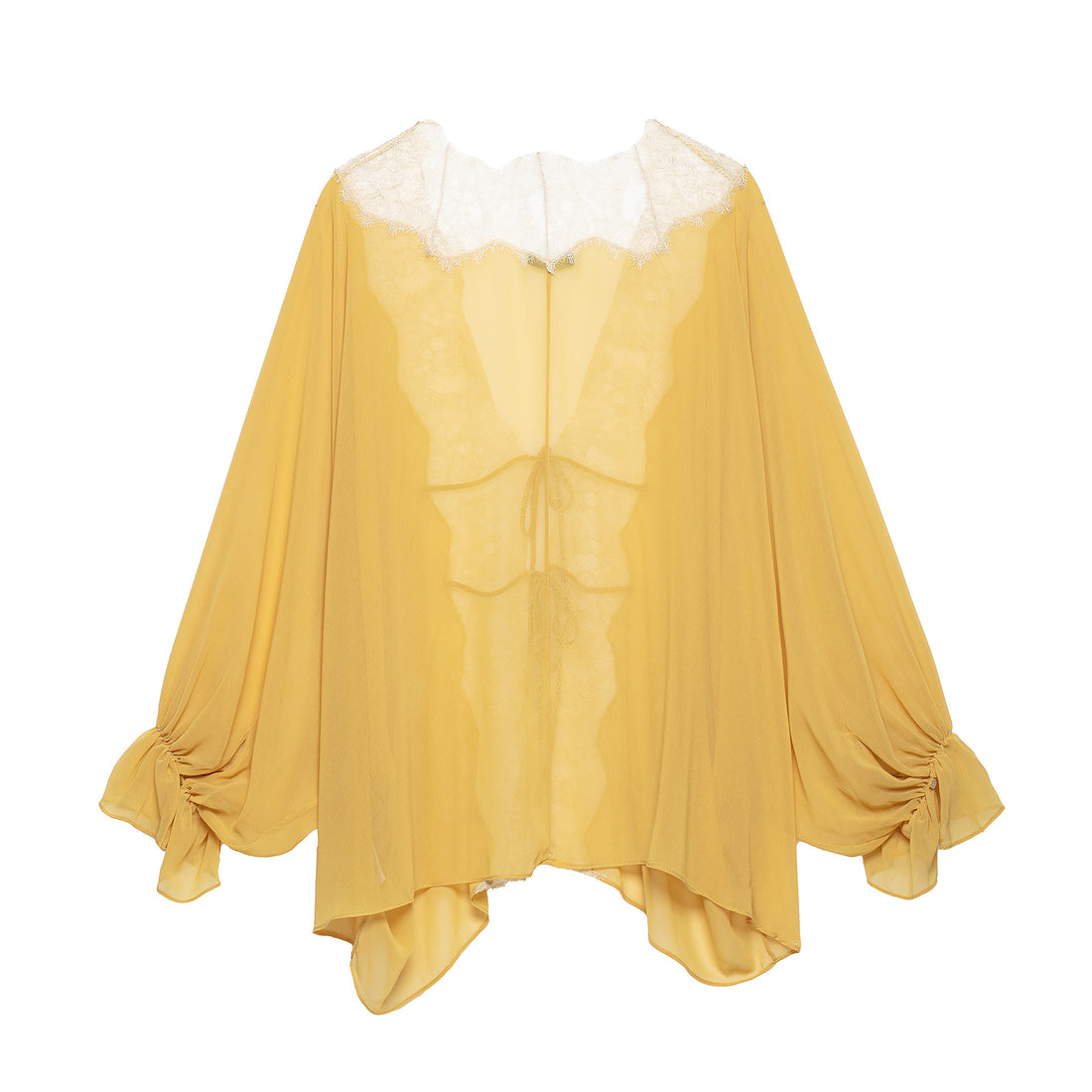 Damen Transparente Chiffon-Überwurfbluse mit Spitzenbesatz und Bindebändern Echoarchiv