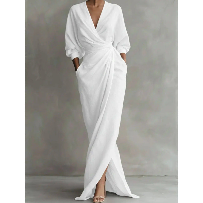 Damen Drapiertes Wickel-Maxikleid mit tiefem V-Ausschnitt, Taillen-Twist und Eingrifftaschen – Valéora