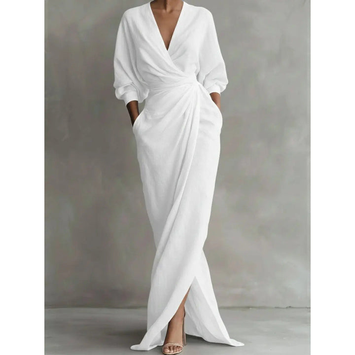 Damen Drapiertes Wickel-Maxikleid mit tiefem V-Ausschnitt, Taillen-Twist und Eingrifftaschen – Valéora