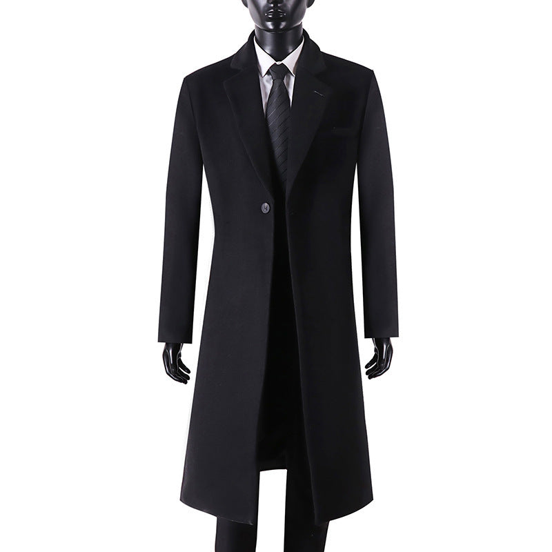 Herren Eleganter langer Einreiher-Wollmantel mit schmalem Revers und taillierter Silhouette Echoarchiv