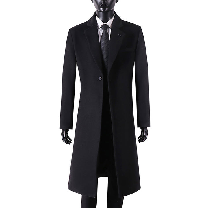 Herren Eleganter langer Einreiher-Wollmantel mit schmalem Revers und taillierter Silhouette Echoarchiv