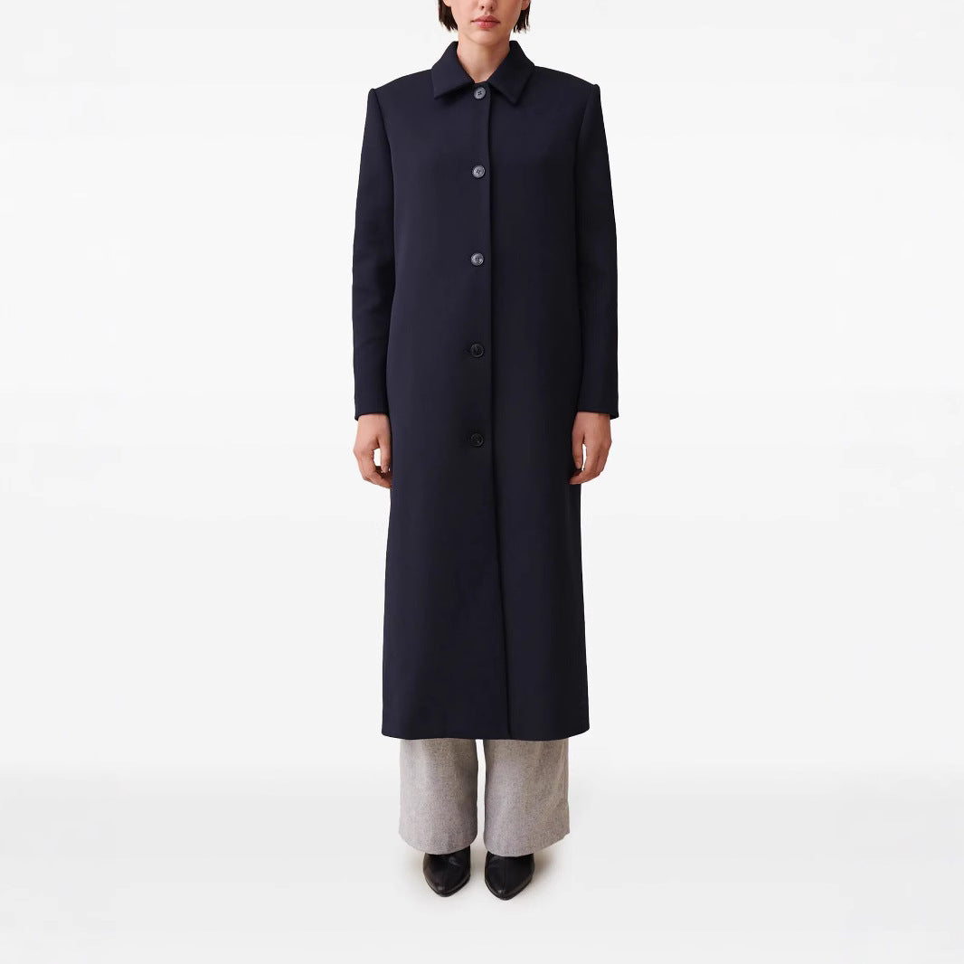 Damen langer minimalistischer Mantel mit geradem Schnitt und Hemdkragen Echoarchiv