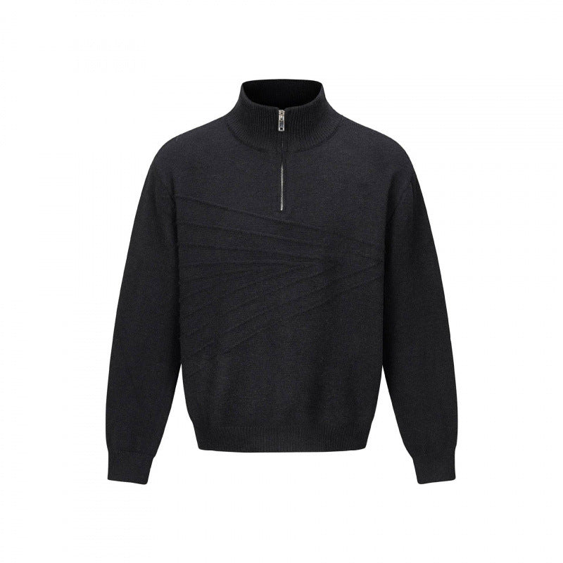 Unisex Feinstrick-Halbzipp-Pullover mit Stehkragen und diagonaler Struktur Echo Archiv