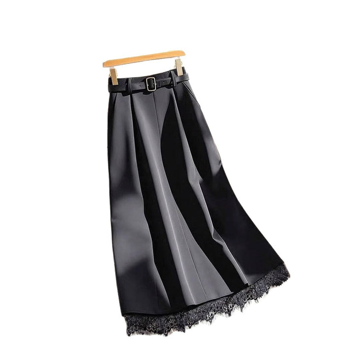 Damen Midirock mit Plisseefalten, hoher Taille, Taillengürtel und Spitzenbesatz – Avérine