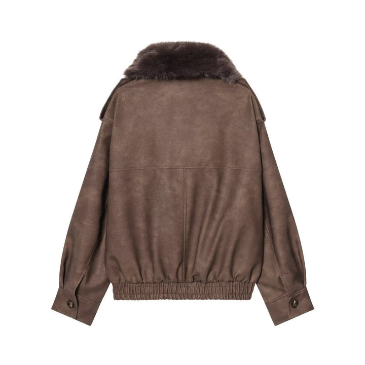 Damen Kurze Bomberjacke im Veloursleder‑Look mit voluminösem Fellkragen, Pattentaschen und elastischem Saum Echo Archiv