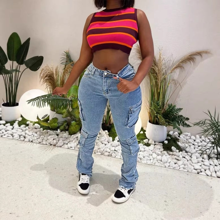 Damen Cargo-Denim-Jeans mit hoher Taille, Slim‑Fit-Hüfte und aufgesetzten Utility-Taschen Echo Archiv