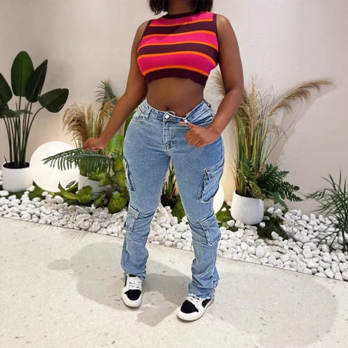 Damen Cargo-Denim-Jeans mit hoher Taille, Slim‑Fit-Hüfte und aufgesetzten Utility-Taschen Echo Archiv