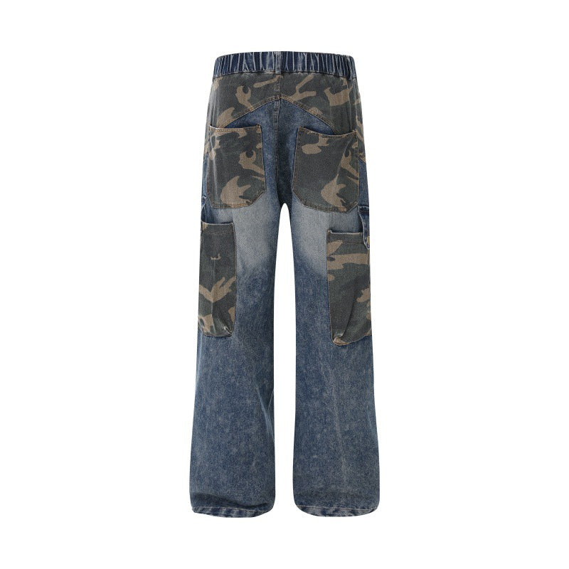Damen Weite High‑Waist Denim‑Cargohose mit Camouflage‑Einsätzen Echoarchiv
