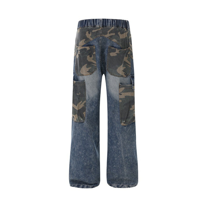 Damen Weite High‑Waist Denim‑Cargohose mit Camouflage‑Einsätzen Echoarchiv