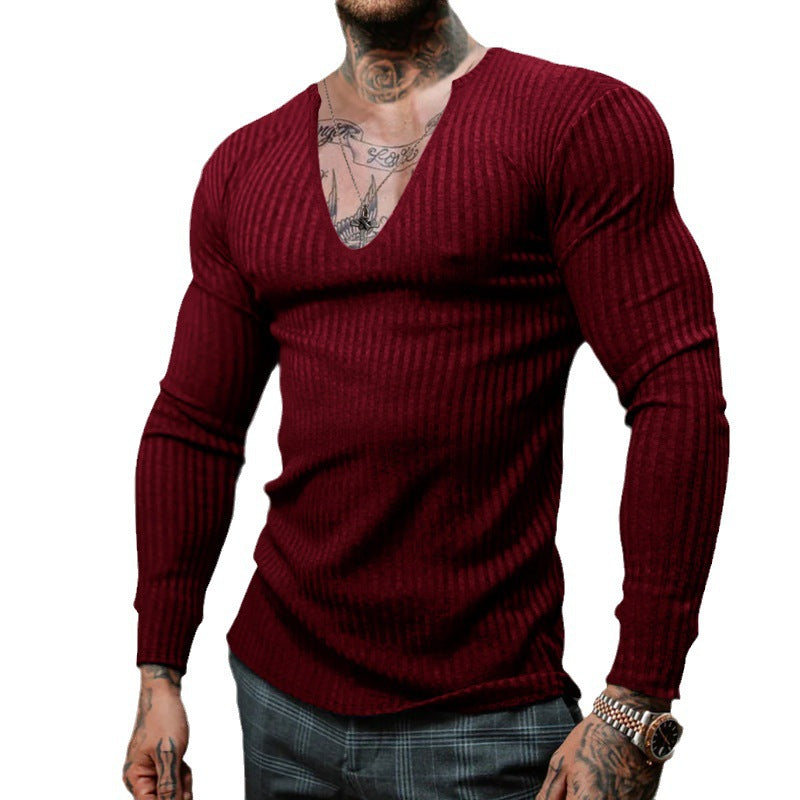 Herren Langarmshirt mit tiefem V-Ausschnitt und feiner Rippstruktur Echoarchiv
