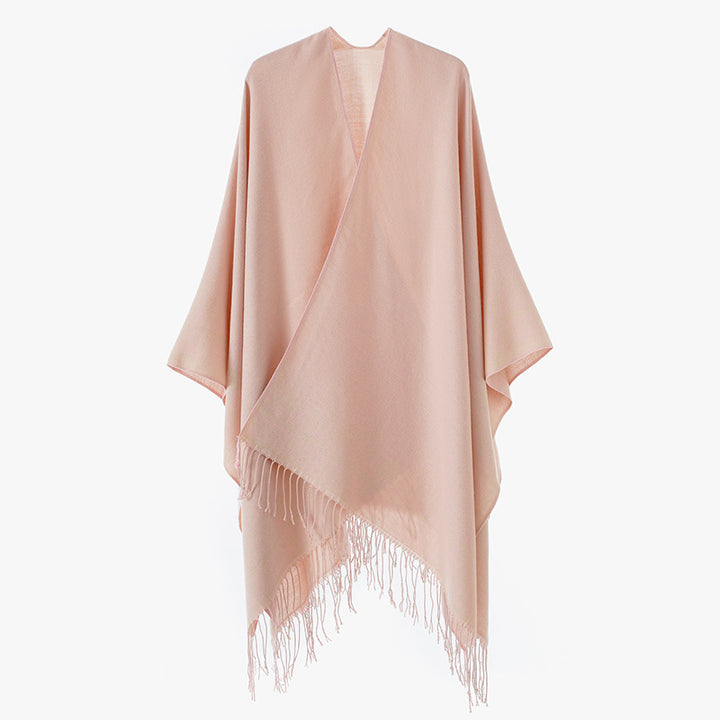 Damen Überwurfponcho aus Wollmix mit dezentem Jacquardbordüren‑Muster und Fransensaum – Montévia