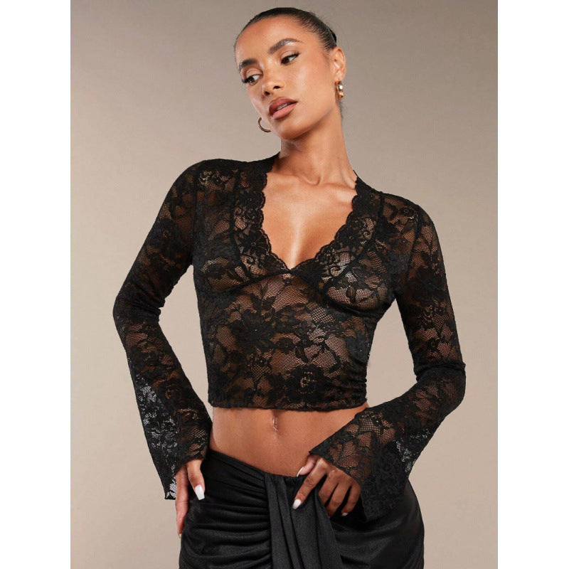 Damen Spitze Bluse mit eleganten Trompetenärmeln und V-Ausschnitt Echo Archiv
