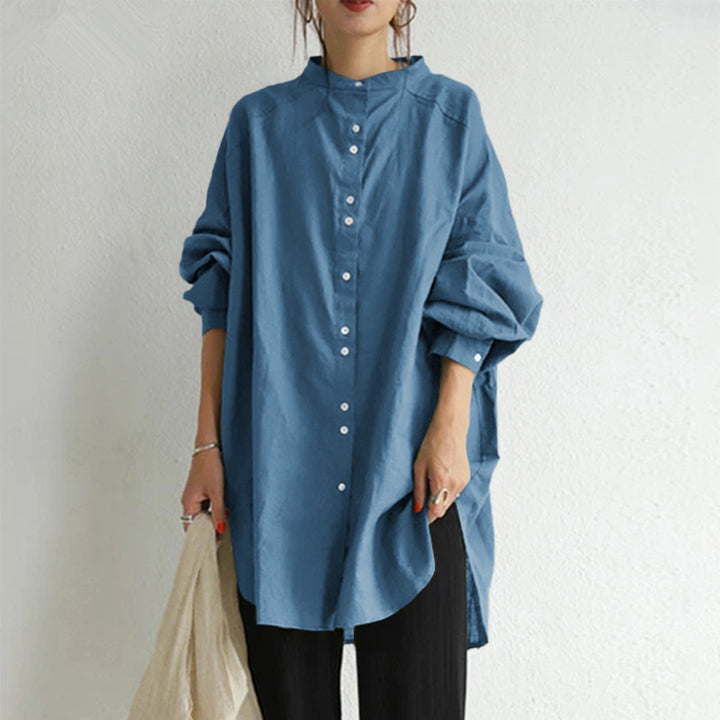 Damen nan lässige Oversize-Tunika-Hemdbluse mit Stehkragen, durchgehender Knopfleiste und seitlichen Schlitzen Echo Archiv