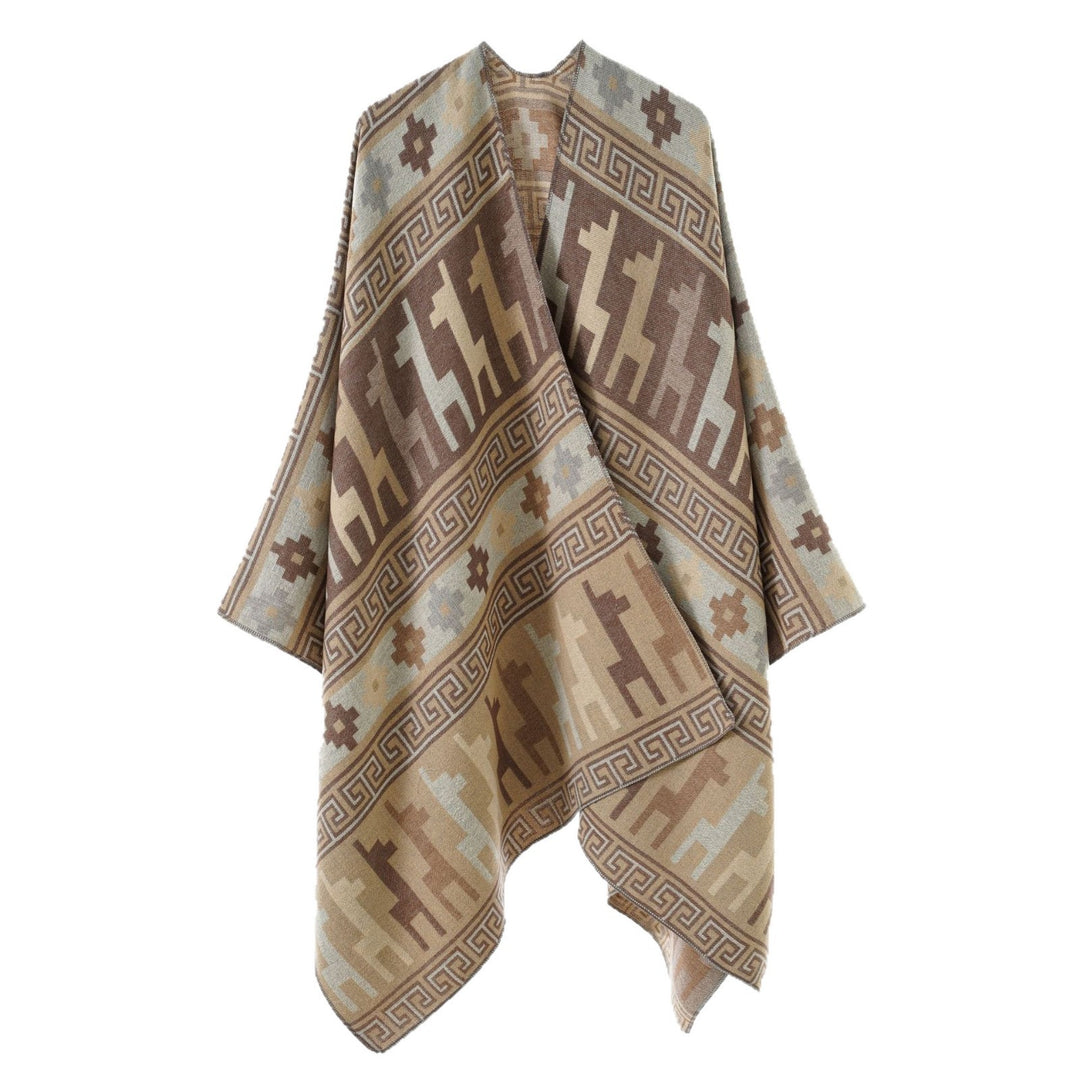 Damen Cape-Überwurf aus Jacquard-Strick mit Tier- und Ethno-Motiv Echo Archiv
