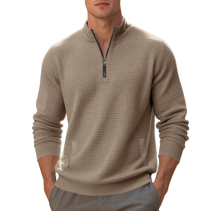 Herren Waffelstrick-Halbzip-Pullover mit Stehkragen, Kängurutasche & gerippten Abschlüssen – Cavarno