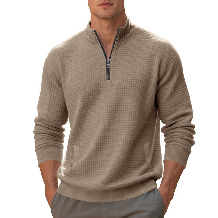 Herren Waffelstrick-Halbzip-Pullover mit Stehkragen, Kängurutasche & gerippten Abschlüssen – Cavarno
