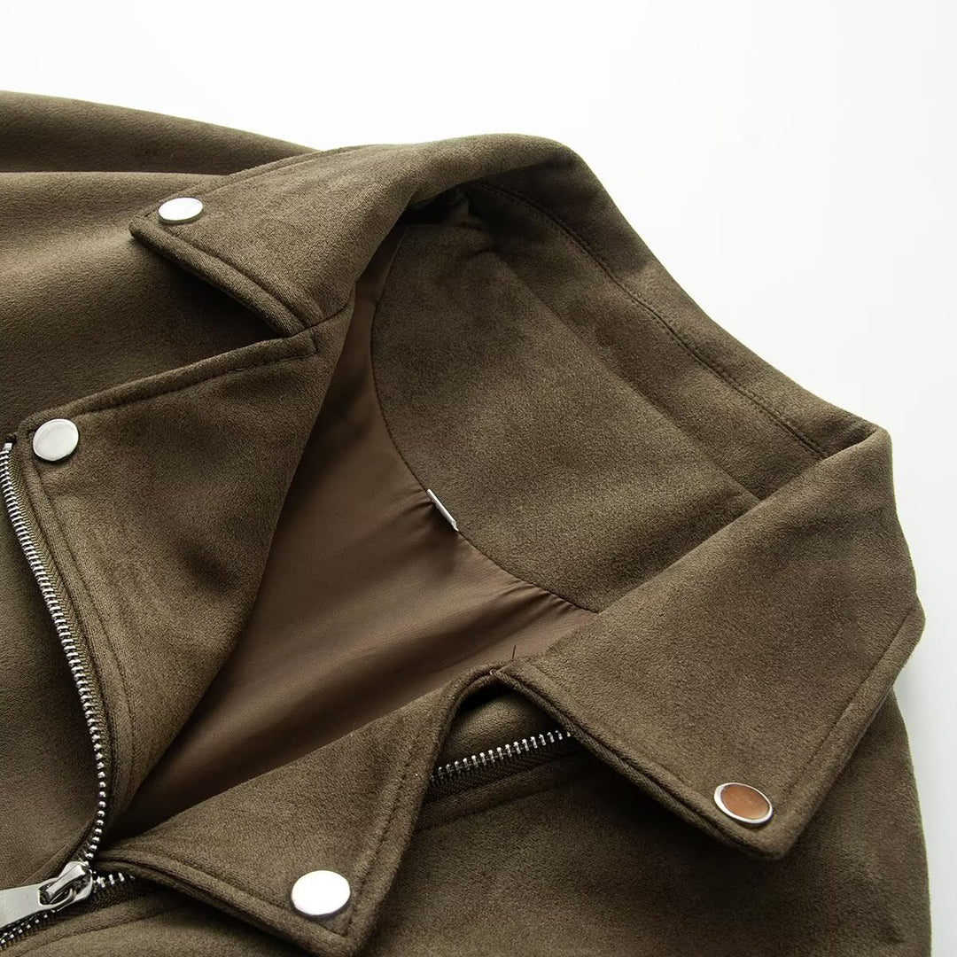 Damen Asymmetrische Veloursleder‑Optik Bikerjacke mit Stehkragen und Zippern Echoarchiv
