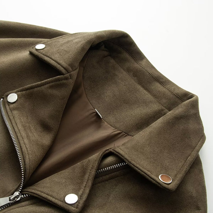 Damen Asymmetrische Veloursleder‑Optik Bikerjacke mit Stehkragen und Zippern Echoarchiv