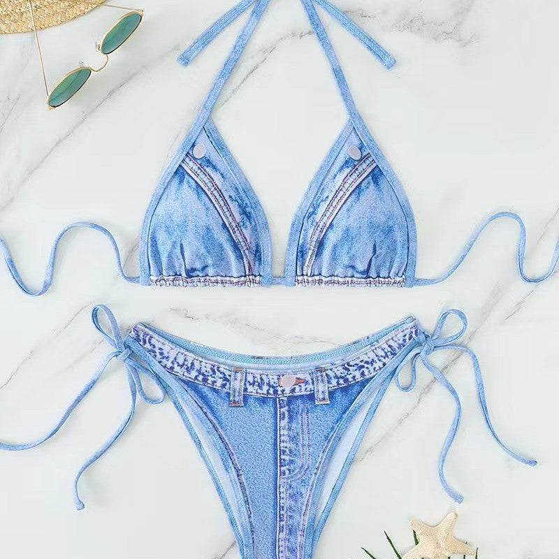 Damen Triangel-Bikini mit Jeans-Optik und geflochtenen Bindebändern Echo Archiv