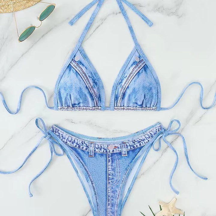 Damen Triangel-Bikini mit Jeans-Optik und geflochtenen Bindebändern Echo Archiv