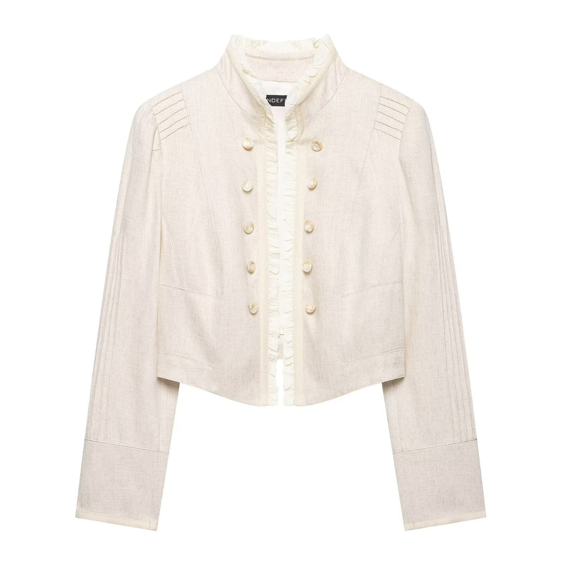 Damen Cropped Jacke mit Stehkragen, Biesenärmeln und Rüschenblende Echoarchiv