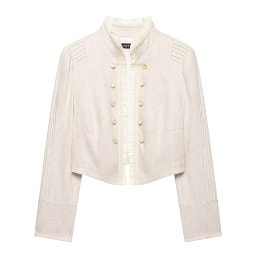 Damen Cropped Jacke mit Stehkragen, Biesenärmeln und Rüschenblende Echoarchiv