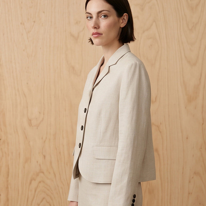 Damen Taillierter Leinenblazer mit Schößchen, Pattentaschen und durchgehender Knopfleiste Echoarchiv