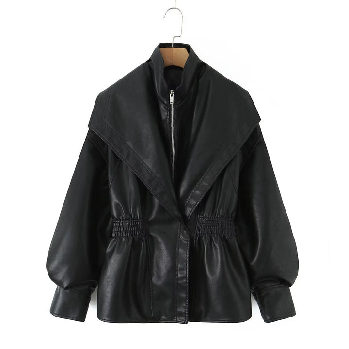 Damen Kunstlederjacke mit XXL-Schalkragen, Taillengummierung und Ballonärmeln Echo Archiv
