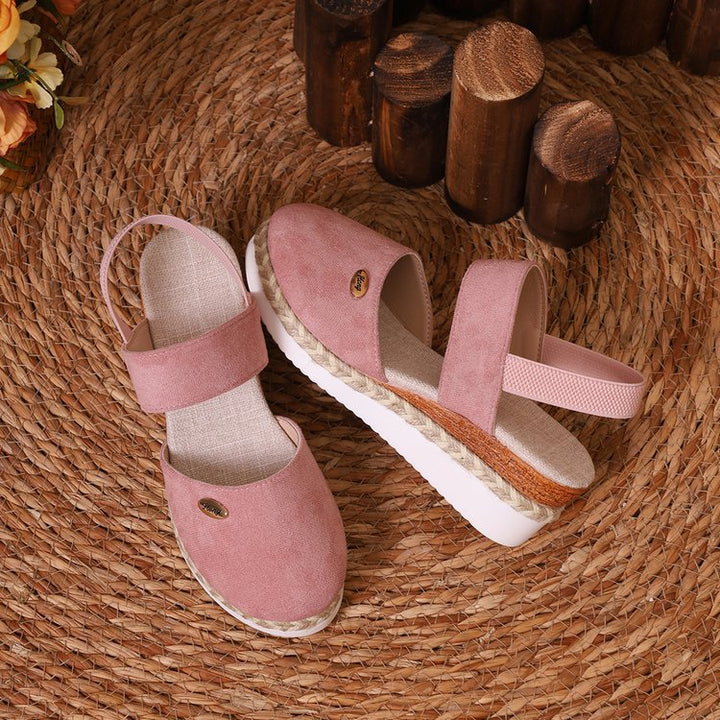 Damen  Espadrille-Keilpantoletten mit elastischem Fersenriemen, Veloursoptik-Obermaterial und geflochtenem Jute-Plateau Echo Archiv