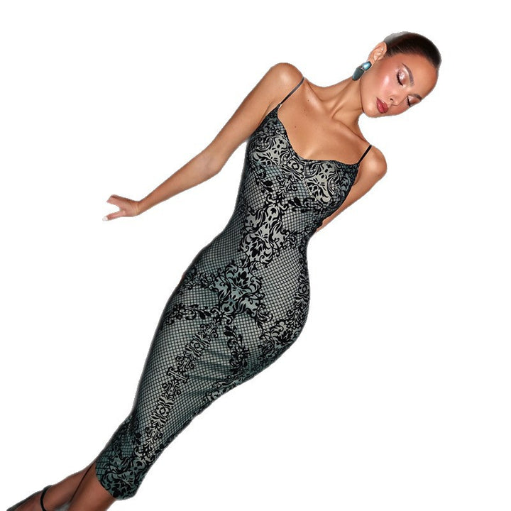 Damen Figurbetontes Kleid mit elegantem Muster und feinen Trägern Echo Archiv