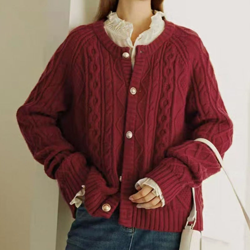 Damen Kuscheliger Zopf- und Rautenstrick-Cardigan mit Perlmuttknopfblende Echoarchiv