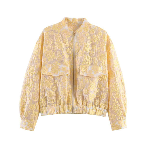 Damen Kurze florale Jacquard-Bomberjacke mit Reißverschluss und Pattentaschen Echo Archiv
